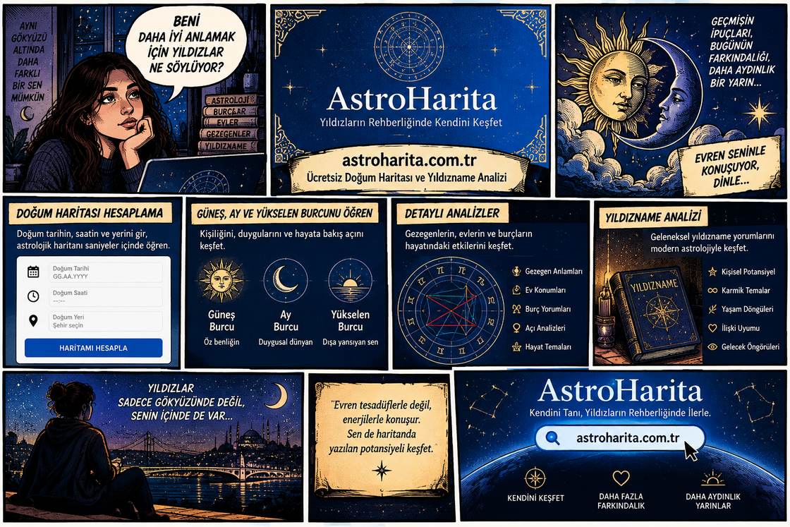 AstroHarita tanıtım şeridi: ücretsiz doğum haritası ve yıldızname analizi