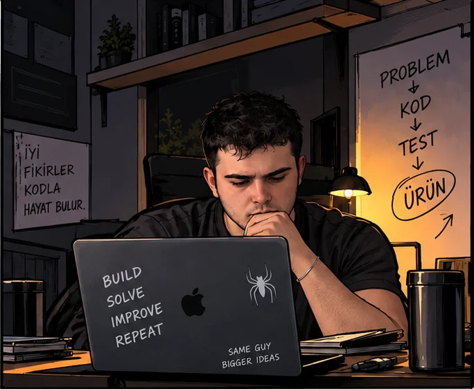 Masa başında kod yazarken — problem, kod, test, ürün — çizgi roman karesi 2