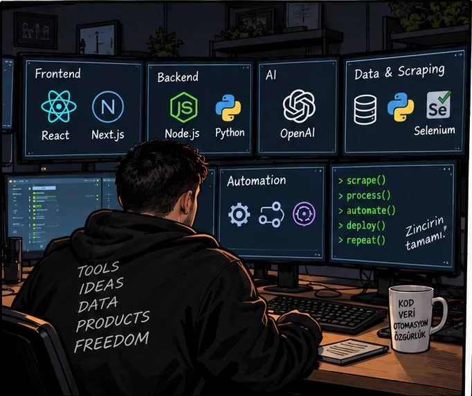 Frontend, backend, yapay zekâ, veri ve otomasyon ekranları — çizgi roman karesi 3