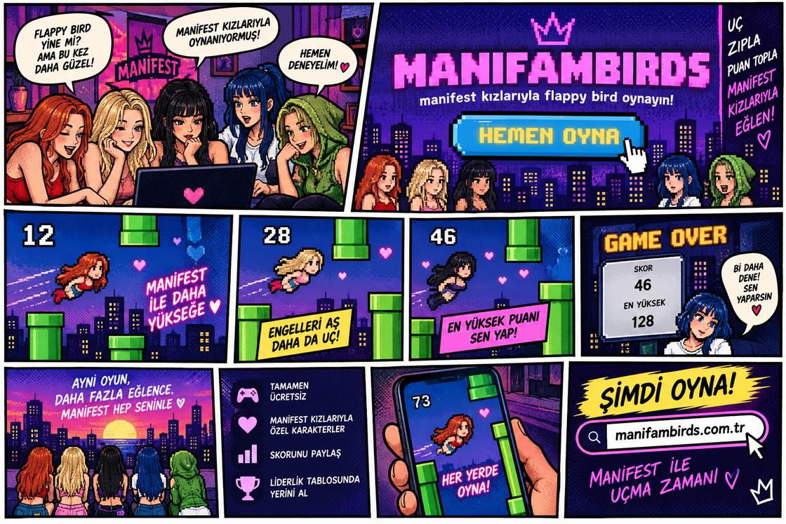 ManiFamBirds tanıtım şeridi: pixel-art web oyunu, skor ve liderlik tablosu